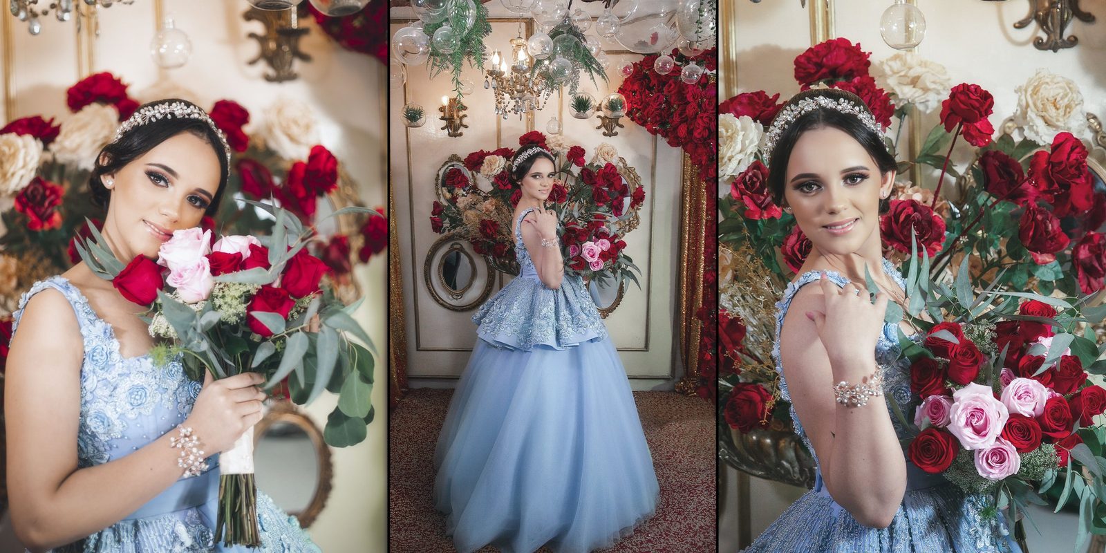 Sesión de XV años con vestido azul y rosas