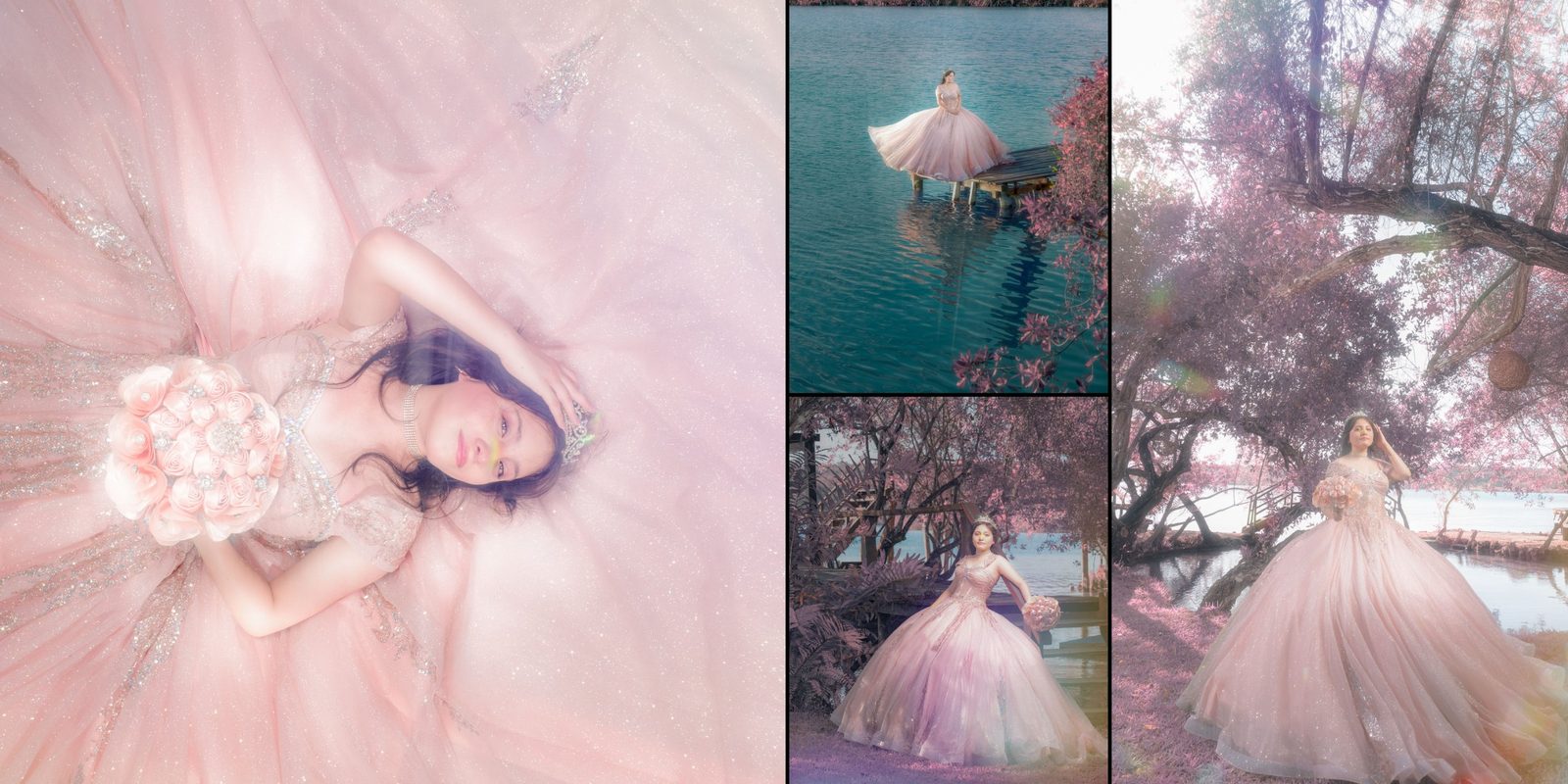 Sesión de XV años con vestido rosa junto al agua